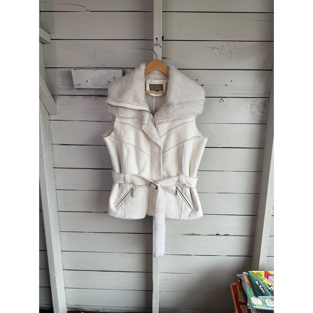 Marcelle Renee Women White Faux Shearling Belted Vest Faux Fur Collar Plus 1X